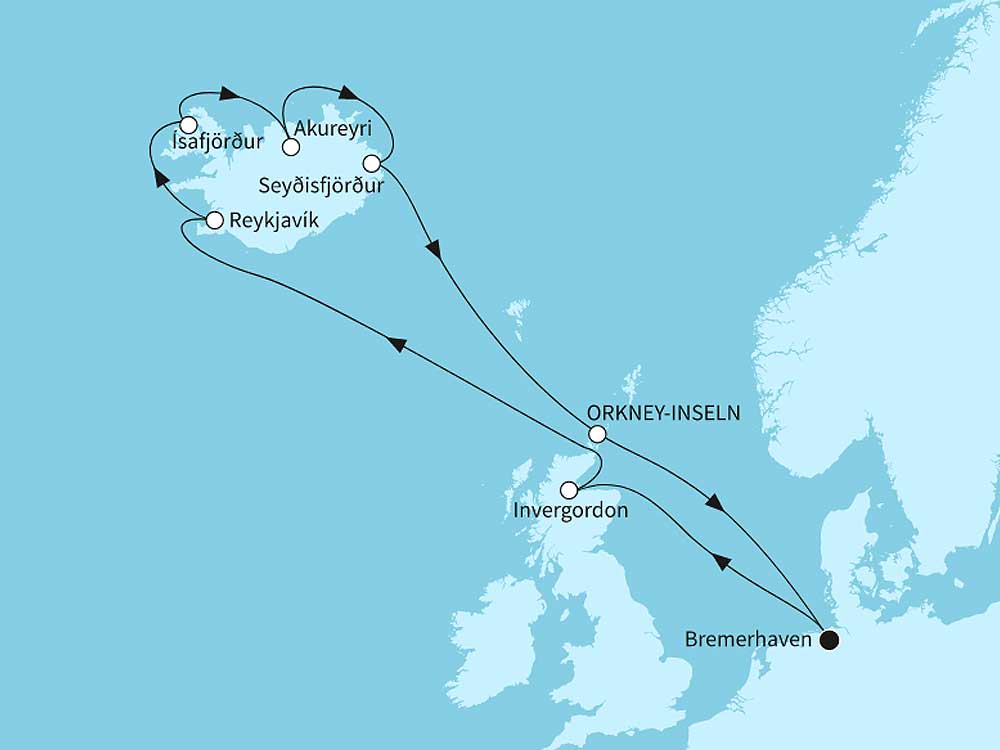 Mein Schiff 3  Island mit Schottland - Routenbild